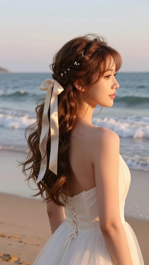 A realistic, high-quality bridal portrait set in golden hour light on a sunlit beach, featuring a bride with a soft, high or mid ponytail styled with loose waves. The pony is wrapped with a satin ribbon that gleams softly in the warm rays, with a small, delicate braid or decorative hairpin hidden within the hair to conceal the hair tie for a seamless finish. The look is dreamy and whimsical, radiating polished yet playful vibes perfect for a beach wedding celebration. The bride wears a light, airy wedding dress, subtle makeup with a natural glow, and the background shows gentle ocean waves, warm sand, and a pastel-tinged sky. The image should capture the texture of the waves, the ribbon&rsquo;s sheen, and the bride&rsquo;s serene expression as she stands with a relaxed, confident posture, ensuring no text appears on the image.