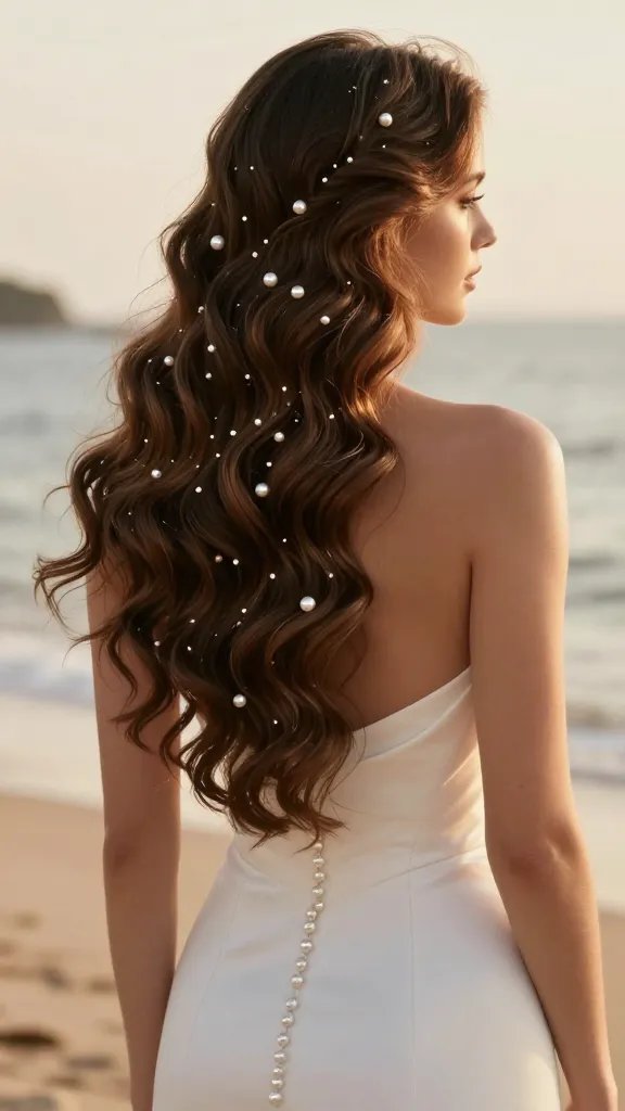 A high-resolution, editorial-style bridal portrait featuring a bride with long, mermaid-style waves cascading over one shoulder, each wave fluid and naturally textured to appear ocean-inspired, with delicate pearl pins placed sparsely along the side of the hair for a refined, runway-esque accent. The pins should glisten subtly, not overpowering the waves. The bride wears a sweetheart neckline gown, with soft lighting that highlights the pearl pins and the glossy waves. The background is softly blurred beachy scenery with warm, golden-hour tones, creating a dreamy, timeless bridal look. No text on the image.