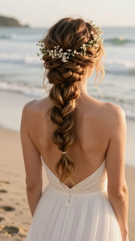 A high-resolution, candid-style portrait-style photograph of a bride with a Boho Tucked Updo With Winding Curls, standing barefoot on a sunlit beach at golden hour. The hairstyle features sections of hair hugging the nape in a soft tucked updo while spirals cascade down the back, with subtle bits tucked here and there for a bohemian finish. The bride&rsquo;s hair is intertwined with delicate floral crowns or baby&rsquo;s breath accents, enhancing the ethereal, bohemian vibe. The look is natural and dewy, with warm tones, light makeup, and a flowing beach-ready wedding dress that complements the hairstyle. The background shows soft waves, sandy shore, and a gentle bokeh of the shoreline, ensuring the hairstyle remains the focal point while conveying a dreamy, romantic bridal ambiance. No text on the image.