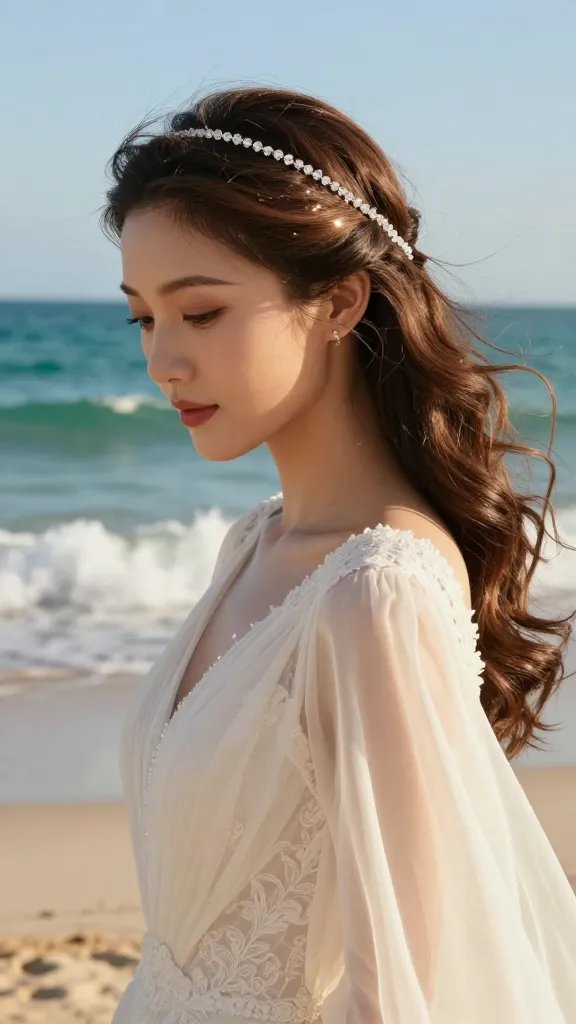 A high-resolution, ultra-realistic wedding portrait of a bride on a sunlit beach, wearing a flowing ivory wedding gown with delicate lace details. Her hair is styled in soft, beachy waves across one side of her head, with a slender, shimmering crystal hair chain laid across the top of the waves, catching the light and creating subtle reflections. The chain sits securely with small end pins at the temples, ensuring no shifting in the sea breeze. The bride has minimal, elegant jewelry&mdash;simple stud earrings&mdash;so the hair remains the star. The background features a turquoise ocean, gentle white surf, and a clear blue sky, with warm golden hour lighting casting a gentle glow on her face and hair. The overall mood is dreamy, glamorous, and natural, emphasizing the crystal chain detail and the luminous waves without any visible text.