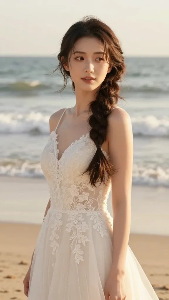 A high-quality, hyper-realistic wedding portrait of a bride standing on a sunlit beach, wearing a flowing ivory wedding dress with delicate lace details. Her hair features a soft, loose braid draping along one side, with an open curtain of waves cascading on the opposite side for a romantic, relaxed look. The hairstyle should appear natural and voluminous, with subtle texture and a flexible hold spray visible as a faint, almost invisible sheen that keeps the braid from flattening. The scene includes gentle ocean waves in the background, warm golden-hour lighting, minimal makeup emphasizing natural glow, and no text or logos in the image. The overall mood is dreamy, timeless, and flattering for various face shapes and dress styles.