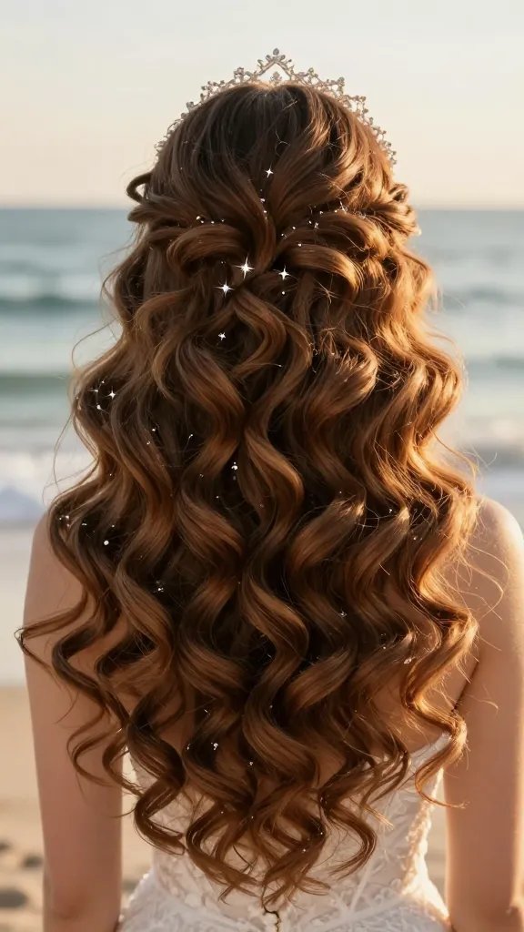 Create a high-resolution, hyper-realistic bridal portrait of a bride on a sunlit beach, showcasing a floofy crown of curls perched lightly on the crown like a halo. The hairstyle features voluminous, well-defined curls with soft bounce, each curl separated with a tiny amount of mousse to maintain texture and lasting fullness. The bride wears a sparkly, delicate headpiece arranged to sparkle subtly among the curls without overpowering the look. Soft, natural makeup with a radiant glow, and a dreamy, panoramic ocean backdrop with gentle waves and warm golden-hour light. The overall mood is princess-worthy, ethereal, and glamorous yet understated, with the hair as the focal point. No text on the image.
