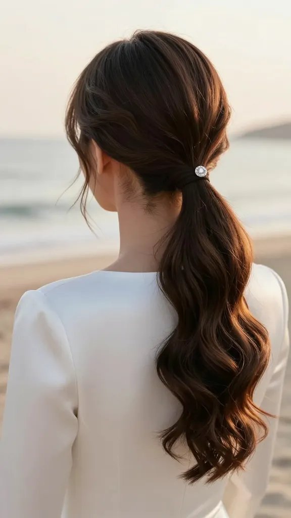 A close-up, high-resolution bridal portrait featuring a modern minimalist wave pony: a sleek, low ponytail with soft, beachy waves and a single sparkling jewel pin securing the base, positioned to highlight a clean, contemporary gown with sharp lines. The hair should look touchable and naturally styled, with gentle ripple waves cascading down, and the jewel pin catching subtle light for a delicate focal point. The background is softly blurred beach-forward scenery with warm golden hour tones, emphasizing an elegant yet effortless bridal look. The overall mood is refined, chic, and romantic, with realistic textures in hair, skin, and fabric, and no text or graphics in the image.