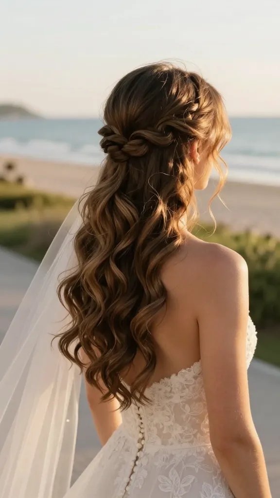 Create a high-resolution, photorealistic portrait of a bride on a sunlit beach at golden hour, showcasing a romantic hairstyle: two soft twists at each side of the head that join at the back, with the rest of loose beachy waves spilling down over the shoulders. The hairstyle should look timeless and natural, with a subtle glossy finish that catches the light without appearing stiff. The bride wears a delicate, ivory wedding gown with a sweetheart neckline, subtle lace detailing, and a light, flowing veil that drifts slightly in a gentle breeze. The background features a serene garden-ceremony vibe transitioning into a soft beach boardwalk setting, with warm tones, soft bokeh in the distance, and minimal jewelry to keep the focus on the hairstyle. The image should convey romance, elegance, and a carefree coastal ambiance, with meticulous attention to hair texture, skin tones, and realistic lighting. No text on the image.