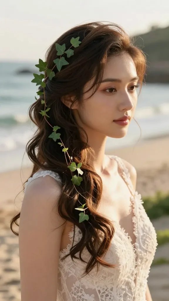 A high-resolution, photorealistic portrait of a bride outdoors on a sunlit beach at golden hour, wearing an elegant bridal updo with soft, romantic waves. Ivy leaves are delicately interlaced through the waves, creating subtle greenery woven throughout the hairstyle. The bride has a serene, radiant expression, natural makeup, and a simple, airy wedding dress with lace details. Small decorative pins with tiny ivy sprigs are tucked into the hairstyle, and a thin, decorative comb adorned with fresh greens is threaded into the waves. The background features a blurred coastal scene with gentle waves, warm tones, and a hint of greenery to emphasize an eco-chic, nature-inspired theme. The overall mood is dreamy, fresh, and sophisticated, with crisp lighting and rich textures. No text on the image.