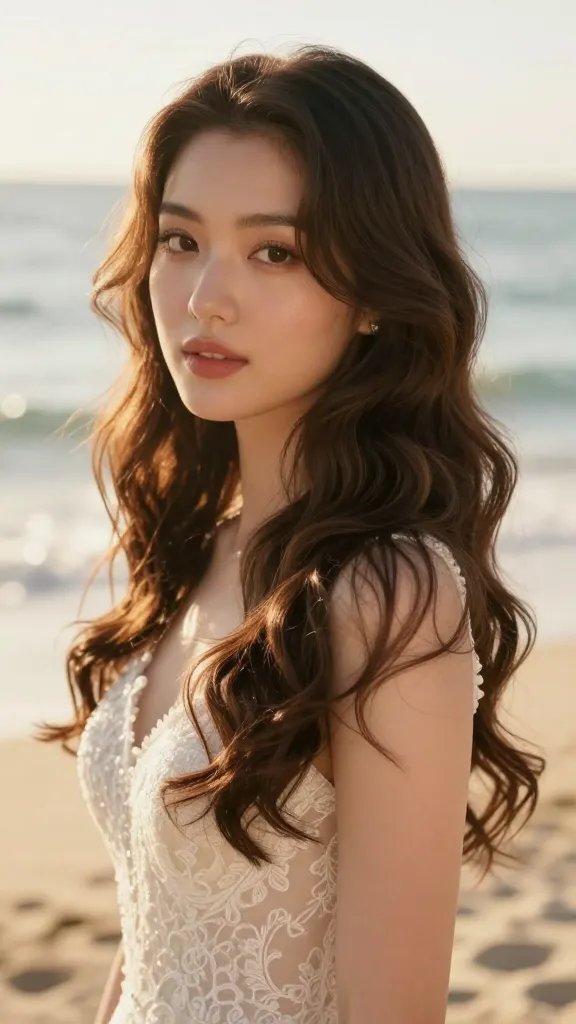 Create a high-resolution, realistic portrait of a bride styled in a 16. Flowy Side Part With Soft Fringes look: a gentle side part with long, soft waves cascading over one shoulder, framing the face with light, airy fringes. The hairstyle should exude classic romance with a Hollywood glow suitable for photos that pop, with a subtle, luminous sheen on the waves. The bride wears a delicate, ivory wedding gown with intricate lace detailing, visible but not overpowering, and minimal jewelry to keep the focus on the hair. The setting is a sunlit beach at golden hour, with soft bokeh reflections of the ocean in the background. Use natural, warm lighting to enhance the hair&rsquo;s texture and the bride&rsquo;s soft makeup&mdash;rosy lips, dewy skin, and a relaxed, confident expression. Include a light texturizing mist effect in the hair to keep the fringe flexible and lively, ensuring the waves have gentle movement as if a light breeze brushed through. No text on the image.