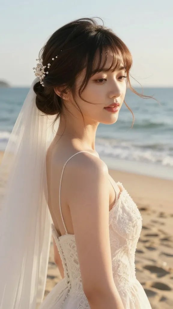 A romantic beach wedding portrait of a radiant bride with graceful updo featuring loose curtain bangs that softly frame her face, soft, ethereal waves cascading into an elegant chignon, a delicate vintage-inspired hairpiece entwined with subtle pearls and a small veil that falls just above the shoulders, light breezy beach breeze gently lifting hair strands, sunlit golden hour glow, natural makeup with dewy skin and soft pink lips, wearing a lightweight ivory wedding gown with delicate lace details, calm ocean horizon in the background, footprints in the sand, relaxed and secure updo without stiffness to capture effortless elegance from ceremony to cake cutting, ultra high-resolution photograph with lens flares and shallow depth of field focusing on the bride&rsquo;s serene expression, no text or logos on the image.