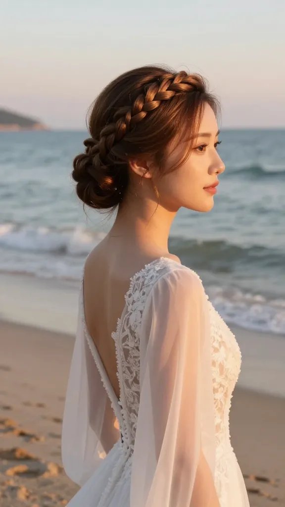 A high-resolution, photorealistic image of a radiant bride standing on a sunlit beach at golden hour, wearing a flowing wedding dress with soft, breathable fabric and delicate lace detailing. She has a sunset slip bun with a braided halo: a gentle, loose braid forms a luminous halo around her head and a sleek, low bun at the nape, with smooth, polished strands and a few soft flyaways gently tamed by shine serum. The hairstyle should look ultra-secure yet effortless, reflecting long-lasting hold in a warm sea breeze, with subtle, natural makeup and a serene, confident expression. The lighting highlights the halo braid, the glossy finish of the bun, and the overall silhouette from multiple angles, ensuring a balanced, flattering view that showcases the hairstyle from front, side, and a slight three-quarter angle. The background features calm ocean waves, soft sand, and a pastel sky, with no text or branding visible in the scene.