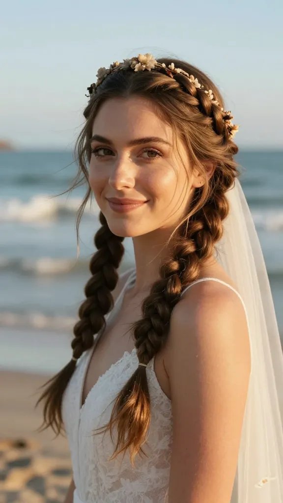 A high-resolution, realistic wedding portrait of a smiling bride with a Boho Halo Braid Crown, featuring two elegant fishtail braids that meet to form a delicate crown around her head. The scene is outdoors by a serene beach at golden hour, with soft sunlight illuminating her face. The hairstyle drapes from temples around the head and is secured with discreet pins, with the ends tucked into a low, airy chignon at the nape. The bride has long to medium-length hair, wears a lightweight, ethereal veil and a subtle flower crown if desired, but the focus remains on the crown braid. The look is bohemian and light, breathable and comfortable by the water, with natural makeup emphasizing a radiant complexion, and a calm, confident expression. The background includes gentle waves, warm sand, and a hint of blue sky, with a shallow depth of field to keep the bride sharp while softly blurring the beach surroundings. No text or logos in the image.