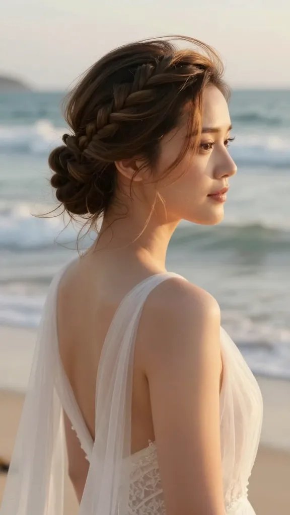 A high-resolution, realistic portrait photo of a radiant bride at a beach wedding, featuring a woman with sun-kissed skin and soft ocean light. She wears a flowing, ethereal wedding dress that hints at a breezy, coastal vibe. Her hair is styled in a beachy twisted chignon: a single twisted rope of hair woven from sections starting near the crown, gathered into a sturdy, elegant bun at the nape with a few loose wisps framing the face. The chignon should look wind-resistant yet naturally relaxed, with looser twists for a casually elegant feel. The nape area shows a subtle application of extra-hold spray to hint at sea-breeze protection. Minimal accessories, allowing the hairstyle to be the focal point. Subtle, natural makeup, soft beachy backdrop with gentle waves, warm golden-hour lighting, and a hint of wind in the hair to convey a coastal breeze. No text on the image.