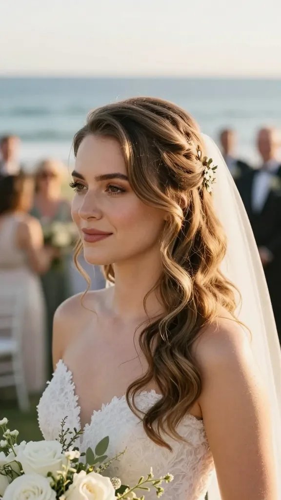 A realistic high-quality photo of a bridal subject at a seaside wedding venue wearing a soft, romantic updo titled “Watercolor Waves With Side Sweep.” The hair features loose, watercolor-like waves swept to one side, with delicate pins and a small floral clip placed subtly on the side, and the veil attached at the back above the updo. The scene is sunlit during golden hour with gentle ocean breeze, a soft, romantic bokeh background of blurred wedding guests and sea horizon, subtle sea-salt texture in the hair, natural makeup with a radiant glow, and a light, airy bouquet in the foreground. The subject’s expression is serene and confident, slight tilt of the head to emphasize the side sweep, with the hairstyle holding softly yet distinctly through a toast moment. No text, logos, or watermarks.