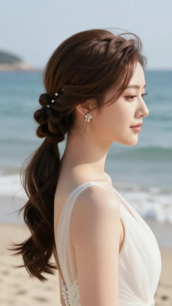 A high-resolution, ultra-realistic bridal portrait of a woman wearing a chic beach wedding hairstyle: a classic French twist with a subtle mermaid tail at the nape, elongating the neck and exuding coastal glamour. The hair is neatly twisted and secured with discreet pins, with a smooth, glossy finish and a slight tail cascading at the neckline. She wears elegant, statement earrings and a light, airy fabric wedding dress suitable for a beach ceremony. The background features a sunny, oceanfront setting with soft, humid coastal air implied by gentle breeze, ensuring the hairstyle remains pristine. The lighting is bright and natural, capturing the sophisticated, timeless, and photogenic look from a slightly angled front view, focusing on the hairstyle and the subject’s poised expression.