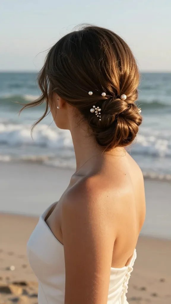 A portrait-oriented, ultra-high-resolution photo of a bride with a beachy, sun-kissed complexion standing on a sandy shoreline at golden hour, wearing an elegant updo featuring a low knot at the back adorned with shimmering faux pearl pins. The hair is sleek and smooth with a soft shine, capturing light as it moves. Include a few delicate pearl pins and a tiny pearl-embellished comb subtly placed in the knot, with a light mist finishing spray giving a polished but natural, breezy look. The bride is wearing a simple, elegant wedding dress with soft fabric textures visible at the neckline, and the background shows gentle waves, warm sand, and a clear sky. The overall mood is chic, effortless, and timeless, with the focus clearly on the low knot hairstyle and pearl accents. No text in the image.