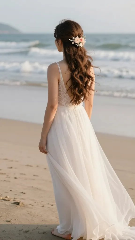 A high-resolution, hyper-realistic photograph of a bride at a beach wedding, standing barefoot on soft sand with gentle waves in the background during golden hour. She is wearing a flowing, light, airy wedding dress with a soft train that sways with the breeze. Her hair is styled in a textured half-up, half-down hairstyle: the crown is teased for volume and a small section at the back is neatly pinned back, while the rest of the hair tumbles in loose, romantic waves to the shoulders. A delicate floral pin with fresh blooms, matching the seaside palette of pale pinks, ivory, and greenery, is tucked into the pinned section, adding a soft focal point. The overall look is natural and effortless, with a subtle, dewy makeup finish, minimal jewelry, and a serene, sunlit backdrop. The image should convey a timeless, beachy romance with clear, crisp details and a shallow depth of field that softly blurs the background while keeping the hairstyle and floral pin in sharp focus. No text on the image.