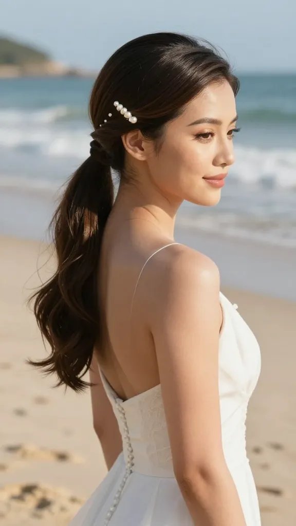 A high-resolution, photorealistic image of a bride on a sunlit beach, showcasing an ultra-modern sleek side ponytail with a pearl sweep. The bride stands barefoot on soft sand with gentle waves in the background, wearing a light, airy wedding dress that complements a chic coastal vibe. Her hair is gathered into a smooth, low side ponytail on the left side, with the top sleek and polished, and a slender strand swept across the front secured by a delicate pearl clip that gleams in the sunlight. The look is complemented by a subtle, radiant shine spray giving a polished, healthy glow to the hair and skin. The setting captures a warm, seaside ceremony atmosphere—bright, airy, and elegant—with natural, soft lighting, shallow depth of field, and a candid, confident expression on the bride’s face. No text on the image.