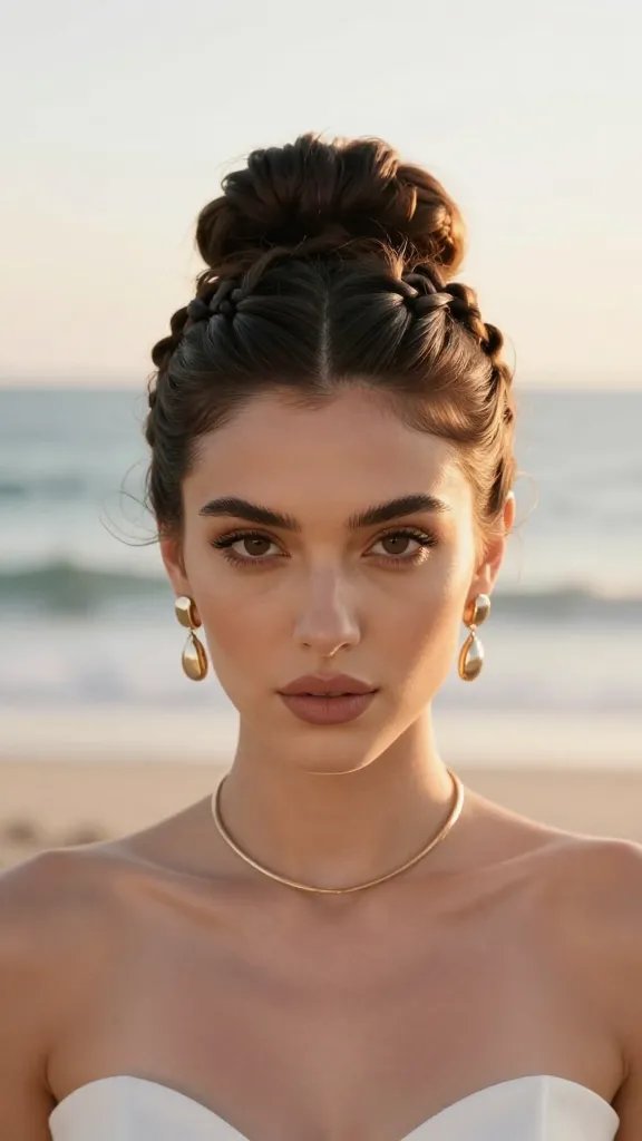 A high-resolution, ultra-realistic bridal portrait of a bride wearing a glamorous double braid updo suitable for a beach wedding, centered in the frame with a soft, sunlit ocean backdrop and warm golden hour light. The hairstyle features two neat, symmetrical braids starting from each side of the head, converging at the back into a voluminous, structured bun pinned securely, with flawless, glossy hair that shows subtle texture and shine. The bride wears strong, statement jewelry—bold earrings and a statement necklace that complement the updo—balanced for dramatic impact. The styling appears helmet-like and rock-solid to withstand wind, with a natural, yet sophisticated makeup look emphasizing luminous skin, defined eyes, and nude lips. The overall scene conveys a timeless, dreamlike photography quality: crisp detail, shallow depth of field against a softly blurred beach landscape, with a sense of endurance and elegance as if captured moments before sunset. No text.