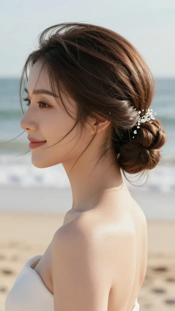 A high-resolution, realistic wedding portrait of a bride with a soft, sunlit beach backdrop, centered and wearing a chic low side bun. The hair is twisted and coiled into a smooth, elegant low bun positioned at the nape of the neck, with crystal clips nestled along the side to catch the sunlight and add subtle sparkle. The bride has a natural, radiant makeup look and a serene, smiling expression, with a gentle breeze lightly lifting a few wisps for movement. The hairstyle should emphasize natural curves and be secured with discreet clips, while flyaways are minimized with a touch of wax and a light-hold product to maintain motion. The overall scene is bright and airy, with warm sands, soft ocean waves in the background, and a flattering shallow depth of field that keeps the focus on the bride and the crystal-embellished bun. No text, hyper-realistic detail, cinematic lighting, textures of hair showing individual strands, and lifelike skin tone.
