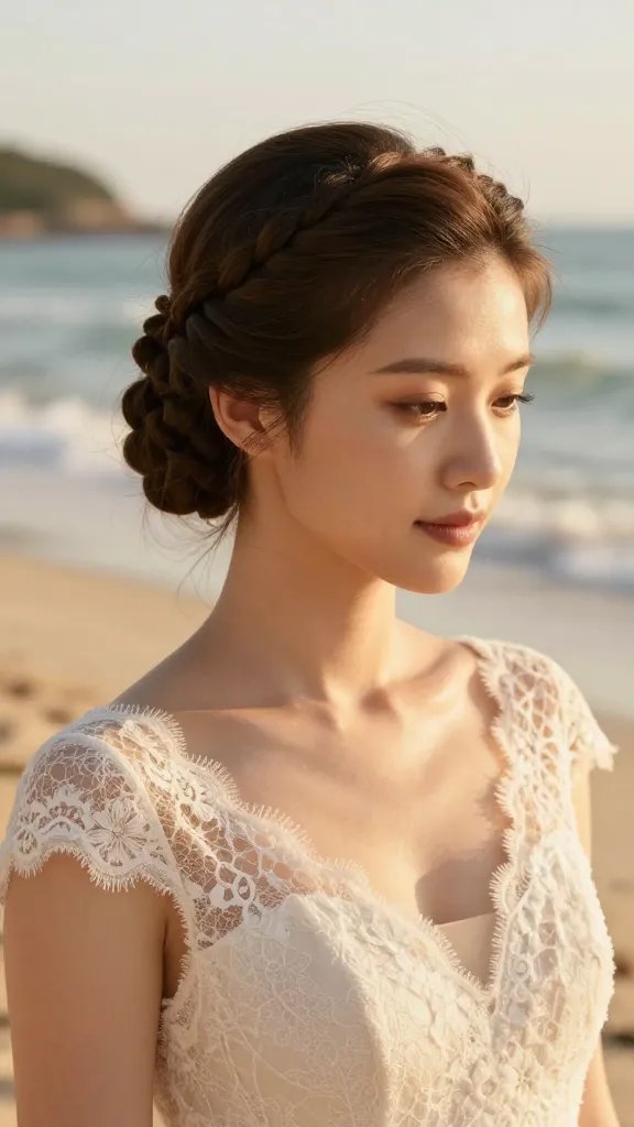 A high-resolution, ultra-realistic photograph of a bride on a sunlit beach, wearing a romantic fishtail crown updo. The bride has a serene expression, wearing a soft, ivory lace wedding dress with delicate cap sleeves. A fishtail braid sweeps around her head, forming two crown-like braids from each side that are joined behind the ear to create a secure, vintage-meets-modern updo. The hairstyle exhibits beautiful, intricate texture with defined fishtail weaving and subtle, elegant flyaways smoothed by a lightweight, barely-there spray to maintain shape in the salt air. The background features warm golden hour light, soft ocean waves, and a hint of dunes, with the overall mood timeless, fresh, and photogenic. The image should be crisp, with natural skin tones, shallow depth of field to gently blur the background, and the bride front-and-center, avoiding any text overlays.