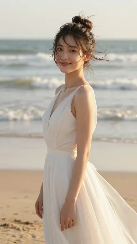 A sunlit seaside wedding scene featuring a radiant bride with a messy bun and a few loose front strands framing her face, standing barefoot on soft sand with gentle waves in the background. The hairstyle should appear relaxed and wind-tolerant, with textured, slightly tousled bun and face-framing pieces that look naturally pinned in place. She wears a light, airy wedding dress with subtle breeze-catching fabric, and delicate, unobtrusive accessories. The atmosphere conveys effortless elegance, humidity resistance, and a calm, confident smile as the wind softly tousles her hair. The lighting is warm golden hour, high-resolution photography, shallow depth of field that keeps the bride in sharp focus while the beach and ocean blur softly behind her. No text on the image.