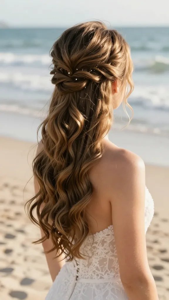 A high-resolution, photography-style image of a bride on a sunlit beach, showcasing a Waterfall Twist hairstyle for cascading shine. The main subject is a bride with shoulder to medium-length hair styled in delicate twists that form a subtle waterfall effect, with soft, glossy cascades down the back and sides. The hair near the crown features a small twist, secured with tiny, barely-visible pins, and a light ray of glow spray adds a natural, radiant shine without stiffness. The setting is a serene beach aisle with soft sands, gentle waves in the background, and a minimal, elegant bridal look—no heavy accessories. The lighting is warm and golden, capturing the delicate sheen of the hair as the bride moves, with crisp focus on the hairstyle and a softly blurred background to emphasize the subject. The overall mood is romantic, refined, and beach-appropriate, conveying timeless elegance and subtle sophistication.