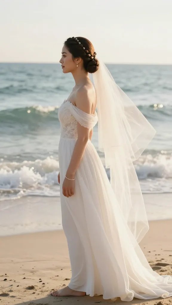 A high-resolution, natural-looking portrait of a bride with a crown braid and low bun hybrid hairstyle, photographed on a sunlit beach during golden hour. The bride stands gracefully barefoot in soft, incoming ocean breeze with a light, sheer veil trailing from the crown braid. The crown braid sits like a regal halo around the head, while a sleek, low bun anchors the look at the nape of the neck. The hairstyle shows balanced height and restraint, with subtle, elegant jewelry—such as delicate drop earrings and a thin bracelet—complementing the look. The setting includes gentle waves, pale sand, and a softly blurred horizon to emphasize the hairstyle. The bride’s dress is a flowing, off-shoulder or strapless gown with lace details, and a light mist subtly glistens in the air to hint at sea spray. The overall image should convey timeless, beachy elegance, with crisp hair detailing, natural skin tones, and a serene, romantic atmosphere.