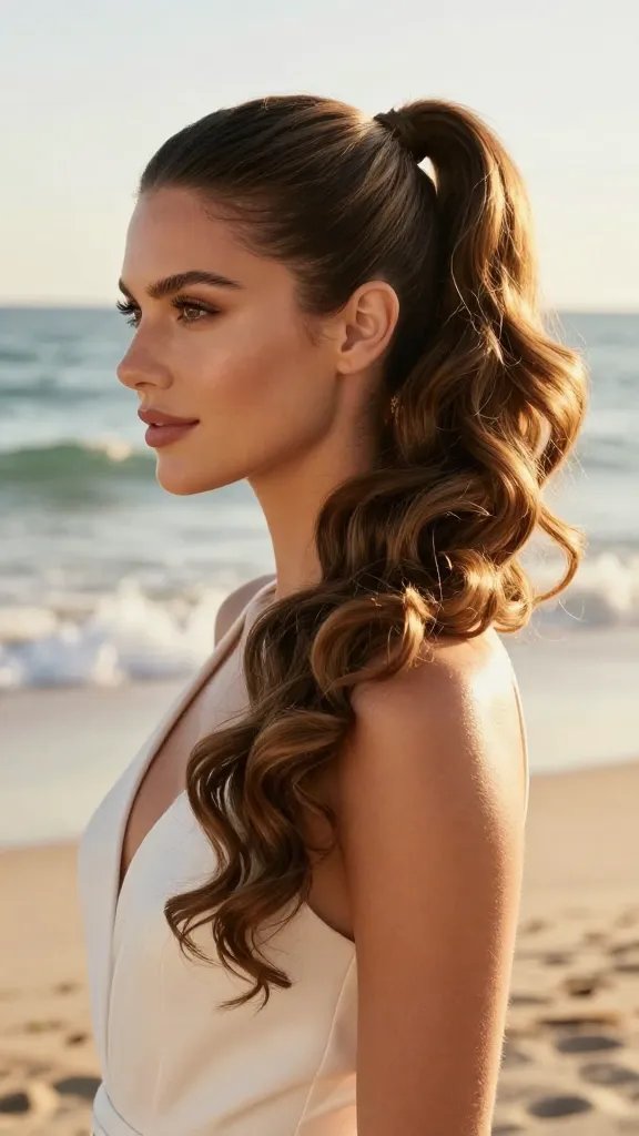 A high-resolution, ultra-realistic portrait of a woman at a sunlit beach wedding, posing with a side-swept ponytail featuring textured ends. The hair is swept to one side into a soft, polished pony with the ends curled for natural texture, while the front pieces are pinned back to create a clean silhouette. She wears light, breathable beach-appropriate attire and subtle, dramatic makeup to complement the look. The background shows a serene shoreline, gentle waves, and warm golden-hour lighting. The overall mood is modern, sporty, and confident, with crisp detail on the hair texture, individual curls, and soft shadows that emphasize the polished yet relaxed hairstyle. No text or logos in the image.