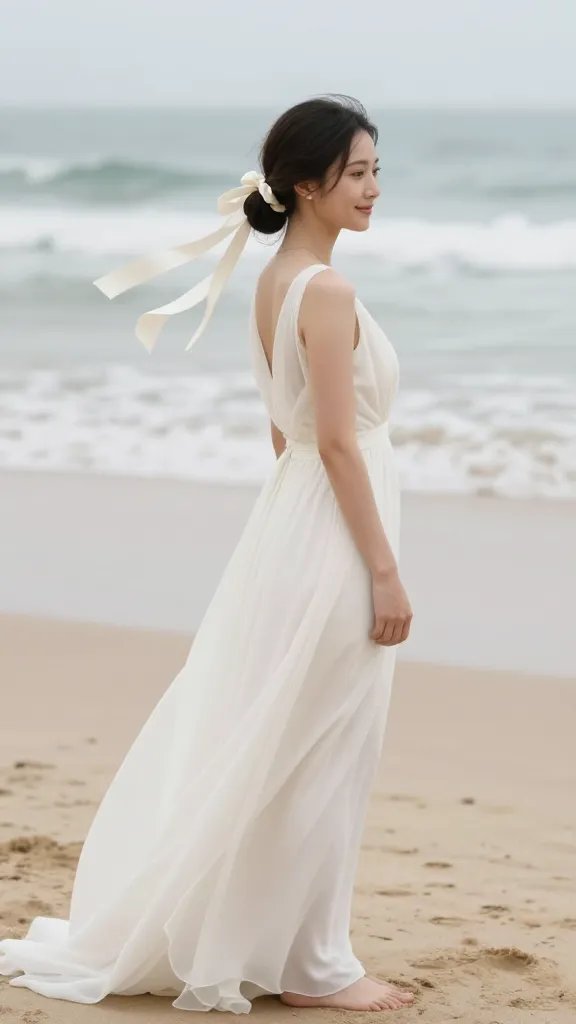 A realistic high-quality photo of a bride at the beach, wearing a light, flowing wedding dress with a soft train, standing barefoot on warm sand with gentle waves in the background. She has a neat low bun at the nape of her neck, with a satin ribbon woven around the base of the bun that matches her dress and the beachy vibe; the ribbon continues as a delicate wrap along the bun’s perimeter and is pinned securely. The hairstyle is elegant yet simple, with a few loose tendrils framing her face, and a subtle, natural makeup look. She smiles softly, a light sea breeze moving the ribbon slightly, and there is a faint misty atmosphere to suggest a coastal, whimsical mood. The overall composition is bright, airy, and romantic, with shallow depth of field to keep the focus on the bride and her ribbon-wrapped low bun. No text on the image.