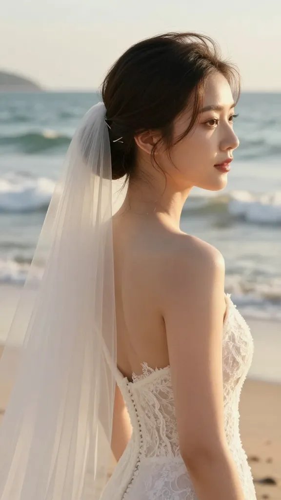 A cinematic, high-resolution editorial portrait of a bride on a sunlit beach, showcasing an elegant updo with a hidden veil clip. The hairstyle features a softly twisted chignon at the nape, with delicate, tousled strands framing the face and a barely-there veil anchored invisibly beneath the updo using a small clip tucked discreetly under the hairline. The veil base sits neatly and is hidden from view, giving a clean, modern finish that photographs beautifully. The scene includes warm golden hour light, gentle ocean waves in the background, and a clean, natural makeup look with a soft pink lip. The bride wears a simple, refined wedding dress with subtle lace, and a light, sheer cover-up if desired. The overall mood is effortless elegance, with a soft hold spray implied to maintain shape throughout the celebration. No text in the image.