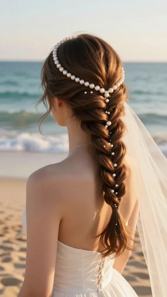 Create a high-resolution, hyper-realistic photo of a bride on a sunlit beach at golden hour, showcasing the "Pearl Halo Braid" hairstyle. The main subject is a luminous bride wearing a strapless or wide-neck gown, with a soft, loose crown braid encircling her head like a delicate halo. Interwoven along the braid are small, subtle pearl accents that catch the warm sunlight, creating a gentle oceanic sparkle. The hairstyle should flow into a low, understated bun at the nape for stability, with a few loose tendrils escaping to frame the face. The background features calm turquoise waves, golden sand, and a clear sky with warm hues. The overall mood is romantic and ethereal, with the breeze lightly moving the bride&rsquo;s veil or hair, emphasizing natural movement without looking windy or disrupted. The lighting should highlight the pearls and the soft texture of the braid, giving the scene a dreamy, goddess-like presence suitable for a beach ceremony. No text on the image.