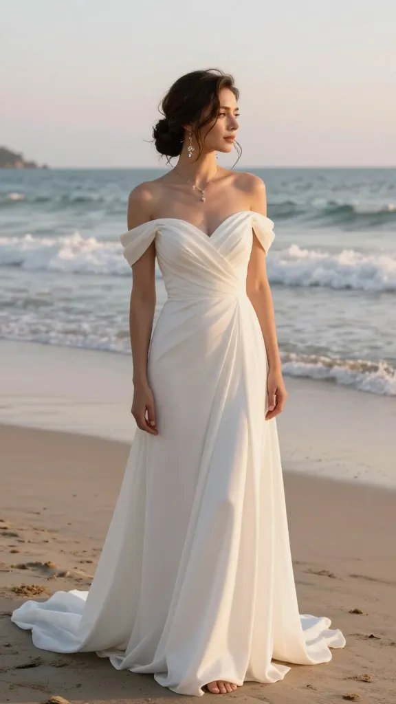 A stunning, high-resolution portrait of a bride standing barefoot on a sun-kissed beach at golden hour, wearing a flowing off-shoulder wedding dress and a Boho Low Bun with Tendril Waves. Her hair is styled in a relaxed, polished low bun at the nape of the neck, with soft, face-framing tendrils that kiss her cheekbones and shoulders. Loose waves cascade gently from the bun, catching the sea breeze and adding natural volume. She gazes serenely toward the horizon as gentle waves lap at the shore behind her, with decorative pins that sparkle subtly in the light, matching her jewelry. The scene conveys effortless elegance, coastal charm, and timeless romance, with a soft pastel sky, warm sun, and a hint of barefoot-friendly decor in the background, ensuring a realistic, cinematic, magazine-quality wedding photo.
