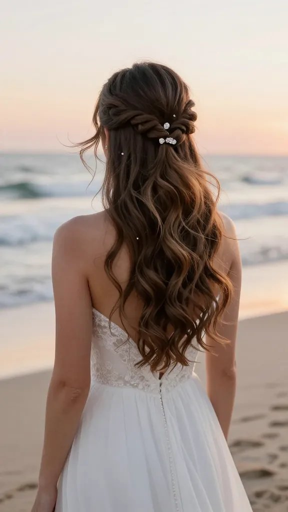 A realistic, high-quality wedding portrait of a bride on a sunlit beach at golden hour, capturing a Twist-and-Tin-Clip Half Up hairstyle: two delicate twists anchored with a small crystal clip, soft waves cascading down the back, and the back portion pinned loosely for lift. The subject stands barefoot in fine, flowing wedding attire that complements a breezy beach setting, with a warm, pastel sunset sky and gentle ocean waves in the background. The hairstyle should showcase texture and movement, with subtle wind lifting strands for a natural, effortless look, while the crystal clip adds a touch of sparkle. The overall mood is playful yet polished, suitable for an afternoon ceremony transitioning to a beach bonfire, with the subject's expression serene and confident, and the frame focused on the hairstyle and upper body, ensuring no text appears in the image.