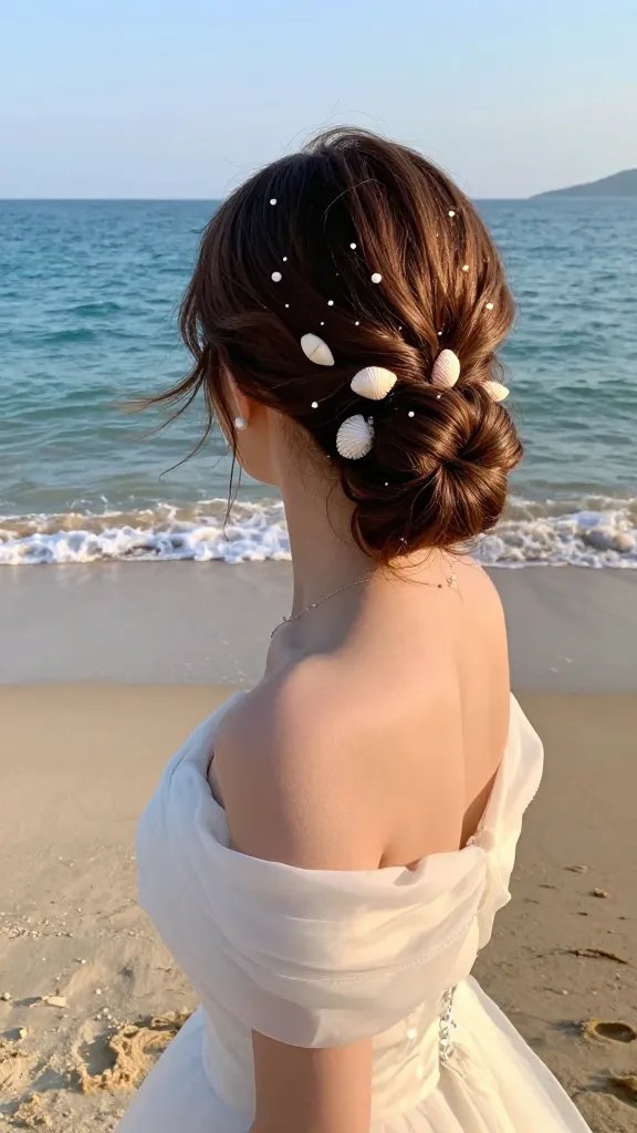 A high-resolution, sunlit wedding portrait of a bride on a pristine sandy beach at golden hour, wearing an elegant shell-accented chignon. The hairstyle features a classic low chignon with delicate small shells and shell-inspired pins woven subtly into the bun, with a few lightweight, barely-there flyaway pins for secure hold. The bride&rsquo;s hair is glossy and softly curled at the ends, with a smooth, polished wave near the face. She wears a flowing, off-the-shoulder wedding gown that catches the sea breeze, and minimal pearl-like jewelry to complement the shells. The background shows calm turquoise water, gentle waves, and a clear sky with warm sunlight reflecting off the ocean. The overall mood is timeless, glamorous, and beachy, with a focus on the shell accents catching the light as she poses gracefully, ensuring the hairstyle photographs beautifully from multiple angles and maintains its shape throughout the celebration. No text on the image.