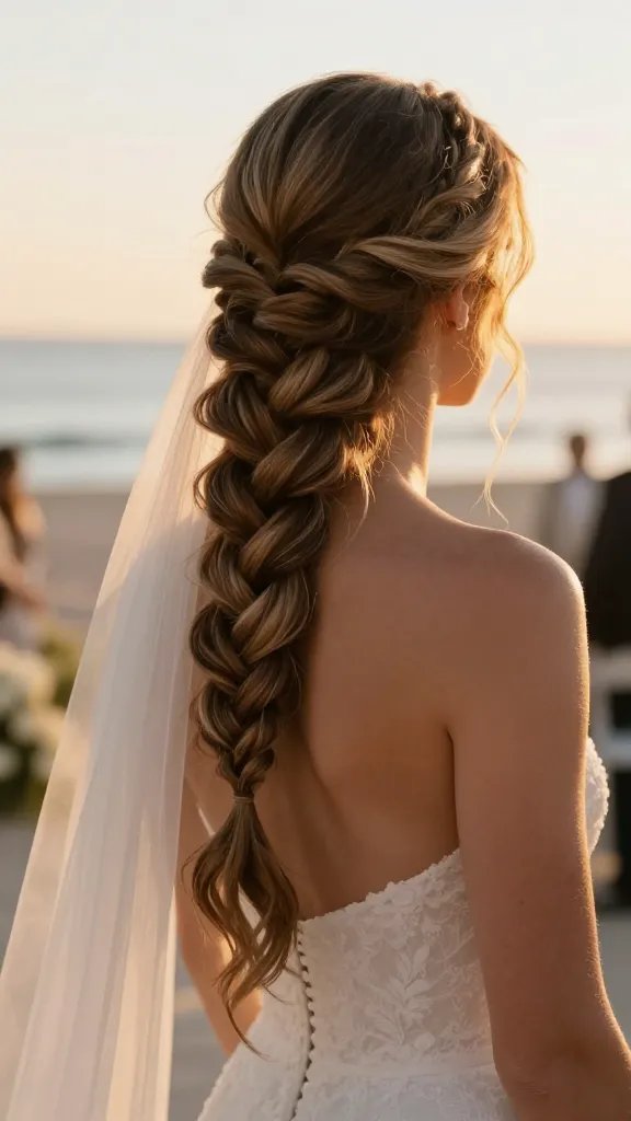A hyper-realistic, high-resolution portrait of a bride with a delicate waterfall braid cascading over the side of her head, capturing the gentle tide-like movement as sunlight catches the intricately woven strands. The bride wears a soft, sheer veil pinned at the crown for drama, with minimal other accessories to keep the braid in focus. The scene is lit by warm, golden-hour light as if during a ceremony with a long aisle and dramatic sunset, creating a subtle glow on the hair and skin. The background shows a softly blurred coastal wedding venue with hints of ocean breeze and pale sand, emphasizing natural elegance. The hairstyle should look intricate yet approachable, with loosely woven waterfall strands and a veil that remains the main focal point. Ensure no visible text on the image, with the main subject from the article title clearly featured.