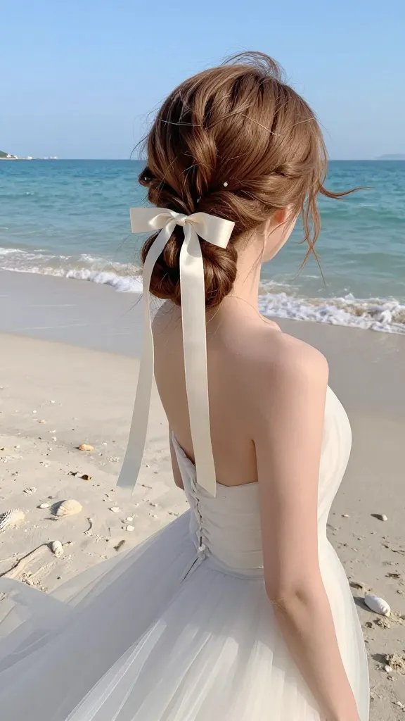 A high-resolution, photorealistic image of a bride on a sunlit beach wearing a floor-length wedding gown with a flowing train, standing barefoot on soft white sand near gentle waves. The main focus is her head and shoulders, showcasing a soft halo bun crafted from smooth, light brown hair wrapped with a satin ribbon that glimmers as she turns toward the camera. The ribbon color matches her dress subtly, with hidden elastics and delicate lightbulb pins subtly visible to keep the style in place. The bun appears airy and romantic, with a few loose, whimsical tendrils framing her face. The overall mood is warm and forgiving&mdash;soft morning light casting gentle highlights, a dreamy, candid beach vibe, and a touch of whimsy without flyaways. The background features a clear blue sky meeting the turquoise sea, a few distant seashells, and pristine sand to emphasize a dreamy, intimate beach ceremony atmosphere. The image should be crisp, natural, and luminous, capturing the halo bun&rsquo;s delicate radiance and the ribbon&rsquo;s subtle shine as the subject turns for a flattering, candid photo. No text included.