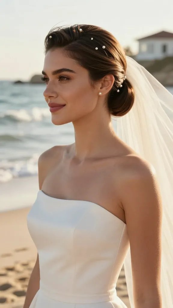 A high-resolution, fashion photography-style portrait of a bride on a sunlit beach at golden hour, wearing a chic, modern wedding gown with clean lines. She has a side-swept faux hawk hairstyle: the hair is gathered to one side in a smooth, sleek faux hawk that starts at the temple and tapers toward the back, with multiple tiny pearl pins delicately embedded along the side and into the folds of the faux hawk. The rest of her hair flows smoothly and neatly to balance the textured crown. The pearls catch the light subtly, adding a luxe, contemporary touch. The bride&rsquo;s makeup is radiant yet natural, with soft pink lips and defined eyes, emphasizing a confident, photogenic smile. The background features a coastal lodge setting with soft waves, warm sunlight, and a gentle breeze moving the veil, ensuring the hairstyle remains the focal point. A light mist or humidity in the air to showcase humidity control in the hairstyle, with a touch of wind-blown hair for realism. No text on the image.