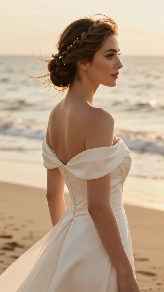 A realistic, high-quality portrait of a bride on a sunlit beach, standing with a confident, regal pose. The hairstyle features two elegant rope braids framing a lush, structured low bun accented with delicate gold pins, with a soft, healthy gloss across the hair and a subtle light shine spray giving a radiant finish. The rope braids stop at the back crown, creating texture that stands up to a gentle breeze, while the structured bun remains polished yet romantic. The bride wears a flowing, off-the-shoulder ivory wedding gown that complements the golden hour lighting, with warm, golden tones reflecting off the sea and sand in the background. The overall mood is dreamy and timeless, emphasizing wind-friendly detail, soft movement, and a beach ceremony vibe without any text on the image.