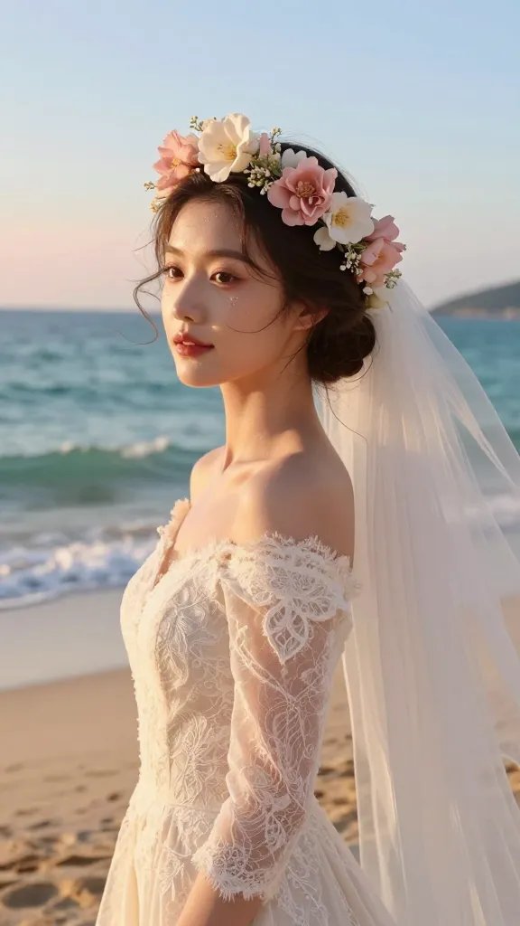 A radiant bride on a sunlit beach at golden hour, wearing an elegant updo adorned with a delicate flower crown made of lightweight, soft pink and ivory silk florals and fresh white blooms. The crown sits slightly forward, framing her face as strands of hair softly curl around her temples. She wears a flowing ivory lace wedding dress with off-the-shoulder sleeves, and a sheer cathedral-length veil trails behind her in the breeze. The background features pale turquoise waves, warm sand, and a clear sky with a faint orange-pink sunset. The light highlights the floral crown and the bride&rsquo;s dewy makeup, with natural, romantic tones to complement the gown. The overall mood is pure romance, photo-ready, and timeless, with no text or watermarks in the scene.