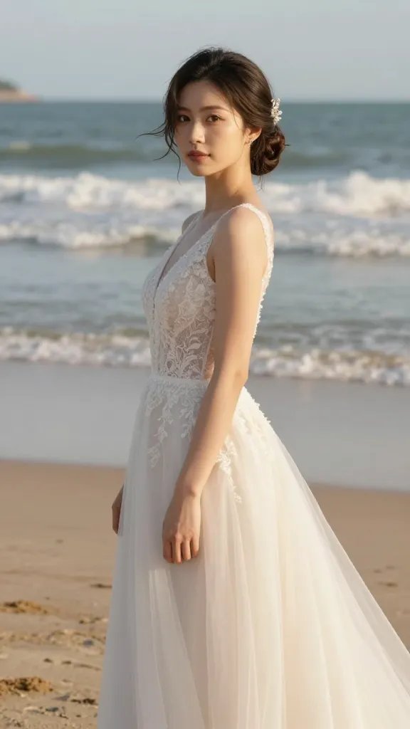 A high-resolution, cinematic photograph of a bride in a sunlit coastal setting, standing on a sandy beach with gentle waves in the background. She is wearing a flowing wedding gown with soft, billowy fabric and delicate lace details, styled in a low side sweep that gracefully frames her jawline. The hair is pulled into a textured, low side bun with loose, romantic flyaways and subtle volume, complemented by a dainty, sparkly hairpin. The scene conveys a blend of formal elegance and approachable simplicity, with the bride posing in a relaxed, confident stance, slight angle to the camera to emphasize flattering profiles, and natural makeup enhancing her features. The atmosphere is timeless and cinematic, with warm golden hour lighting, soft shadows, and a touch of sea breeze causing minimal movement in the hair and fabric. No text on the image.