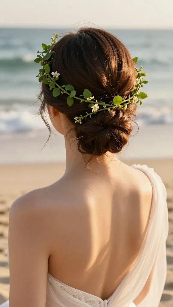 Create a hyper-realistic, high-resolution photo of a bride on a sunlit beach wearing a stylish vine-wrapped top knot for a wedding ceremony. The updo features a high, elegant top knot with a delicate vine wrap spiraling around the bow-like knot and cascading subtly into the hair, using lush green vines with small leaves and tiny blossoms. The bride&rsquo;s hair is glossy with a soft smoothing serum showing no flyaways, and discrete pins are invisibly securing the wrap. The scene conveys warm golden-hour light, gentle ocean waves in the background, a light-flowing, beach-appropriate wedding dress with airy fabric, and a serene, polished yet natural vibe. The overall mood is romantic, sophisticated, and clearly suitable for a hot beach ceremony. No text on the image.