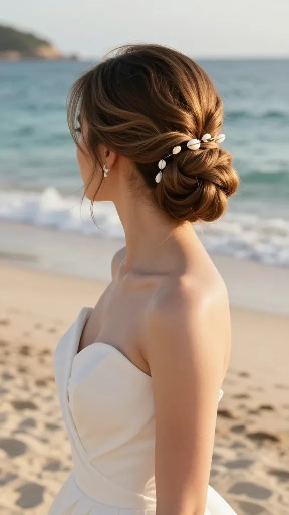 A high-resolution, photorealistic portrait of a bride on a sunlit beach, showcasing a dazzling double loop bun hairstyle with sculpted architectural lines, adorned with lightweight white seashell accents along the outer loop to catch the light. The bride wears a elegant, modern wedding gown with soft fabric draping, standing on pristine sand with a dramatic coastline backdrop and calm, turquoise waves. The lighting is warm golden hour, enhancing the seashell details and the sculpted contours of the updo, with a shallow depth of field that softly blurs the distant ocean while keeping the bride and hairstyle in sharp focus. No text on image.