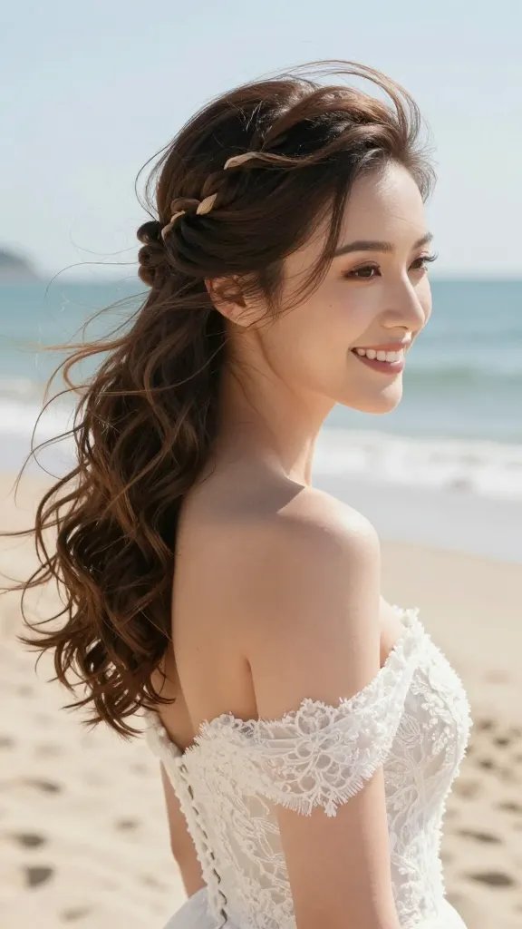 A high-resolution, photorealistic image of a smiling bride standing on a sunlit beach with soft wind gently tousling her hair. The hairstyle features a rope-lace twist integrated into an airy chignon at the back, with loose curls left at the ends for bounce, creating texture and movement that withstand wind and humidity. The bride wears a romantic, perhaps off-shoulder wedding dress with delicate lace details, and a light, natural makeup look. The scene captures midday sunlight with a mix of sun and shade, subtle lens flare, and a blurred ocean horizon in the background. The overall mood is playful yet refined, with a light-hold styling product implied by the smooth yet airy finish, and no visible text in the image.