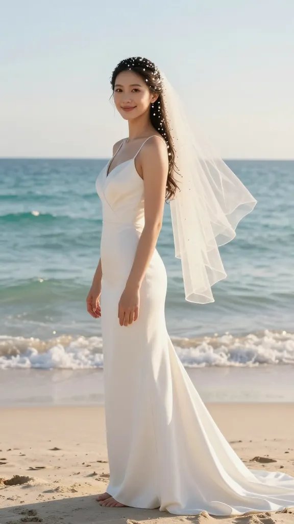A full-color, ultra-realistic photograph of a radiant bride standing barefoot on a sunlit beach at shorelines during golden hour. She is wearing a delicate half-up hairstyle adorned with crystal beads threaded into the half-up strands, with a sheer veil draped softly from the crown that trails behind her as she smiles toward the camera. The backdrop shows calm turquoise waves, soft white sand, and a clear, bright sky with warm sunlight reflecting off the beads, making them sparkle. The bride has minimal, natural makeup to balance the shimmering beads, a timeless wedding dress with clean lines and gentle silhouettes, and a serene, confident pose that conveys romance and camera-ready elegance. The composition captures the shimmering beads catching the sun in the waves, the veil fluttering subtly, and a pristine, classic bridal aesthetic suitable for vows in clear, sunny hours.