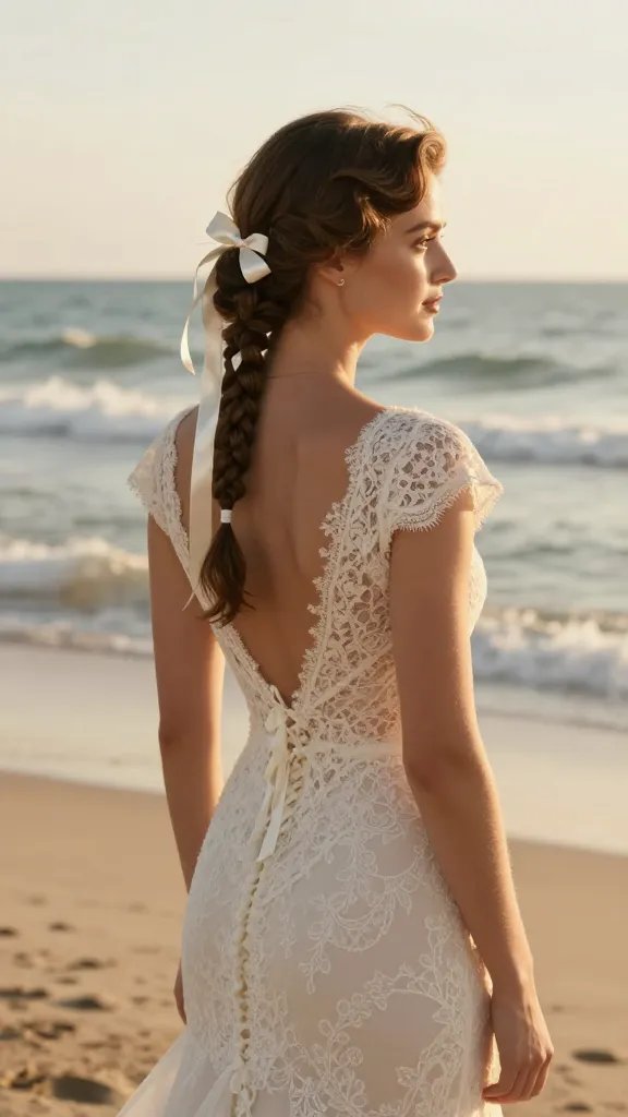 A high-resolution, cinematic bridal portrait of a bride on a sunlit beach at golden hour, wearing a lace wedding gown with a timeless vintage twist hairstyle pinned near the crown and a satin ribbon woven through the twist, the ribbon trailing down her back for dramatic effect. The scene captures an elegant silhouette that evokes old-world romance yet feels contemporary, with soft waves in the background, gentle sea breeze, and warm light highlighting the braided twist and glossy ribbon. The bride&rsquo;s makeup is soft and classic, and the overall mood is nostalgic without being dated, suitable for a destination wedding with classy vibes. No text on the image.