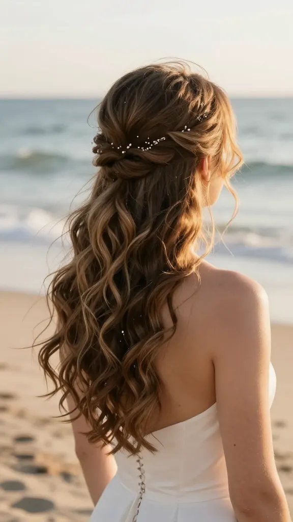 A high-resolution, photorealistic portrait of a bride on a windy beach at golden hour, showcasing a romantic hairstyle: loose, natural beach waves cascading softly with a refined crown-like bun at the back, designed to look elegant yet effortless. The bun should appear crown-inspired, with subtle, light embellishments woven through the waves and delicate hair pins catching the sun&rsquo;s glow. The light should be warm and soft, creating gentle highlights and shadows that emphasize texture and movement in the hair, while the shoreline and gentle ocean blur in the background to keep the focus on the hairstyle. The overall mood is serene and polished, suitable for a ceremony, with the subject wearing a simple, elegant wedding dress and minimal jewelry to complement the hairstyle. No text on the image.