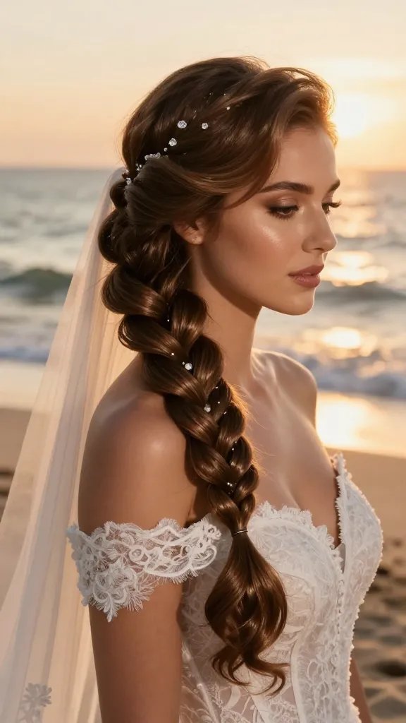 A high-resolution, ultra-realistic photograph of a bride on a beach at golden hour, wearing an off-shoulder wedding dress with delicate lace and a soft, blush-toned veil. The main focus is a mermaid-inspired braid updo: a dramatic, voluminous braided hairstyle that wraps into a sculpted updo, with the braid&rsquo;s tips tucked neatly to create strong silhouette lines. The braid should have glossy, well-defined strands and subtle backcombed lift for added height, with stray ends flattened into the braid for clean edges. Crystal pins gleam softly along the braid to catch the warm sunlight, casting delicate sparkles. The sea and warm sunlit horizon appear in the background with gentle waves and a golden glow, enhancing the sultry and romantic mood. The bride&rsquo;s makeup is luminous with a subtle glow, natural tones, and a soft pink lip, conveying timeless elegance. The overall composition emphasizes drama and sophistication, suitable for evening ceremony photos, with a shallow depth of field to keep the bride crisp while the sea and sunset blur softly. No text on the image.