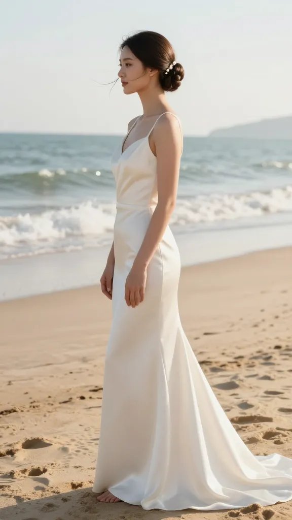 A high-resolution, photorealistic image of a bride wearing an elegant classic French twist hairstyle secured with a delicate pearl pin, set on a sunlit beach at golden hour. The hairstyle is a smooth, sculpted chignon at the nape with a refined, seamless twist, accented by a single slender pearl pin placed asymmetrically to catch the light. The bride stands barefoot in soft, wind-swept sand near gentle shore waves, wearing a timeless, satin ivory wedding gown with a clean silhouette and subtle train. The look is polished and sophisticated, with a light, natural makeup palette and a soft, dewy glow. Gentle sea breeze tousles loose tendrils around the face, and the atmosphere conveys a formal ceremony by the sea. The image emphasizes elegant simplicity, wind-resistance through multiple subtle pins (implied, not overt), and a gentle, coastal sparkle from a light mist of shine on the gown and hair, with a clear, bright sky and distant horizon completing the scene. No text on image.
