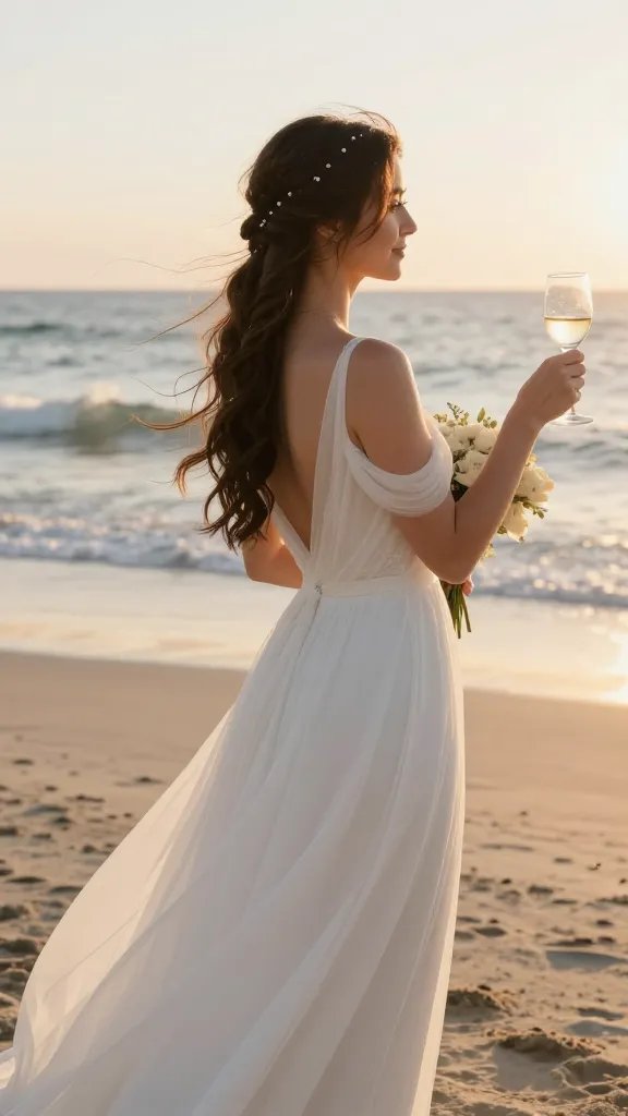 A high-resolution, cinematic portrait of a bride on a sunlit beach at golden hour, wearing a flowing wedding gown with soft, breeze-catching fabric and a delicate shoulder bouquet. The main hairstyle is a long, flowing side braid draping over her shoulder, with tiny, discreet hidden combs along the crown that keep the braid secure. The bride&rsquo;s hair should look natural and glossy, with a few gentle flyaways tamed by a light matte-hold spray, and a subtle shimmer spray dusting for glow. The scene captures a carefree, elegant vibe: the braid moves gracefully in the breeze as she lifts a glass for a toast, with warm sunset light casting a soft halo around her. The background features gentle waves, white sands, and a calm, barefoot-on-the-beach ambience. The overall mood is romantic and relaxed, emphasizing practicality and comfort for an all-day beach wedding. No text in the image.