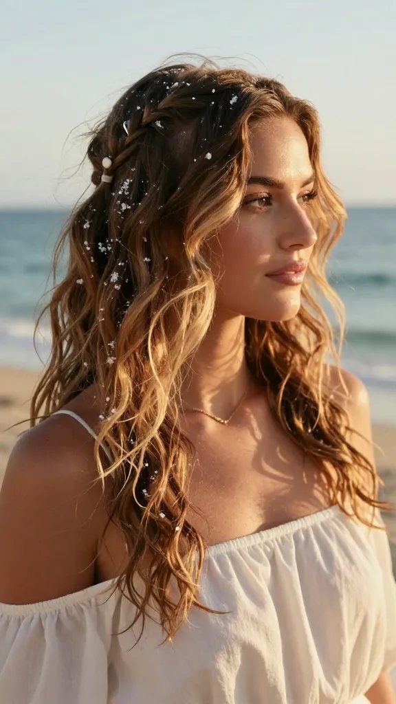 A photorealistic high-resolution portrait of a stylish woman at a sunlit beach party, capturing the hairstyle described: two small front sections braided back and secured with a clear elastic, soft beachy waves with natural texture from sea salt spray, a delicate hair pin or small shell accessory placed subtly, hair slightly loosened at the braids for a relaxed look. She is dressed in a light, summery outfit (like a white off-shoulder blouse or a flowy sundress), minimal natural makeup with a sun-kissed glow, and the ocean and warm golden hour light glow softly in the background. The overall scene conveys a chic, carefree vacation vibe with salt-kissed hair and a breeze that adds movement to the waves. No text on the image.