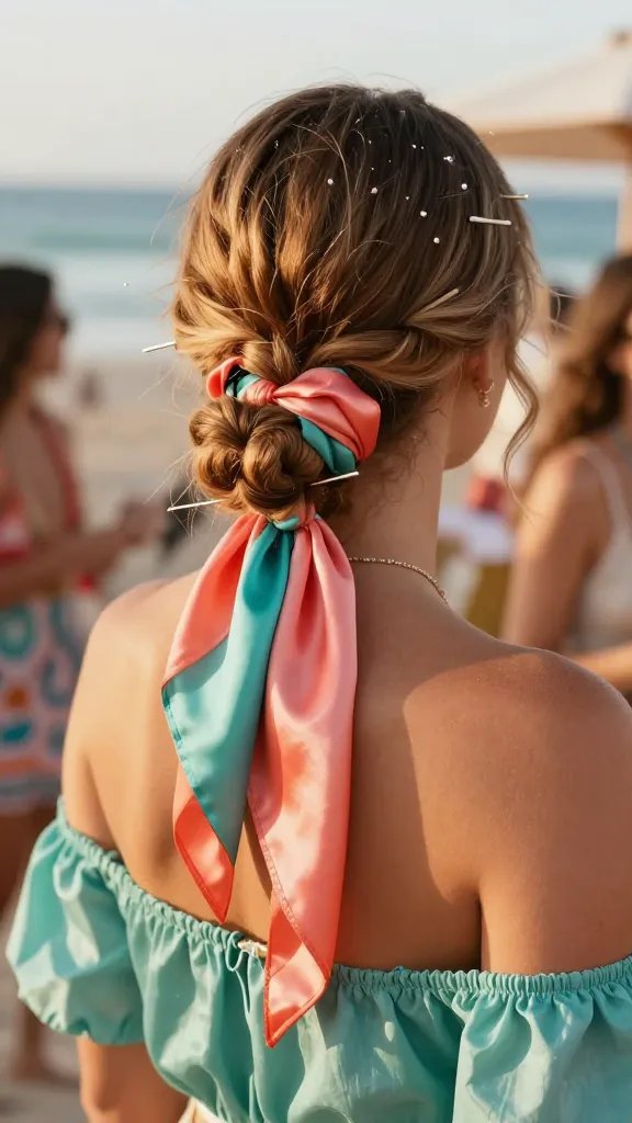 Create a high-resolution, realistic photo of a stylish young woman at a sunny beach party setting, showcasing a satin scarf bun with tiny twists as the focal hairstyle. The subject should have a center-parted hairdo twisted into a loose, polished bun, wrapped with a glossy satin scarf in a vibrant color (e.g., teal or coral) tied with a playful knot, secured with discreet bobby pins, and a light mist of hold spray for subtle shine. The scarf should be visible around the bun with slight drape and folds, and tiny twists should be subtly evident at the bun for texture. The look is retro-glam yet relaxed, suitable for heat, with flyaways neatly tamed. The subject wears a breezy summer outfit appropriate for a chic beach party (e.g., off-shoulder top or lightweight sundress), minimal, natural makeup, sun-kissed skin, and a sunlit backdrop featuring soft-focus ocean or beach elements, warm golden hour lighting, and a stylish, festive atmosphere. No text overlays on the image.