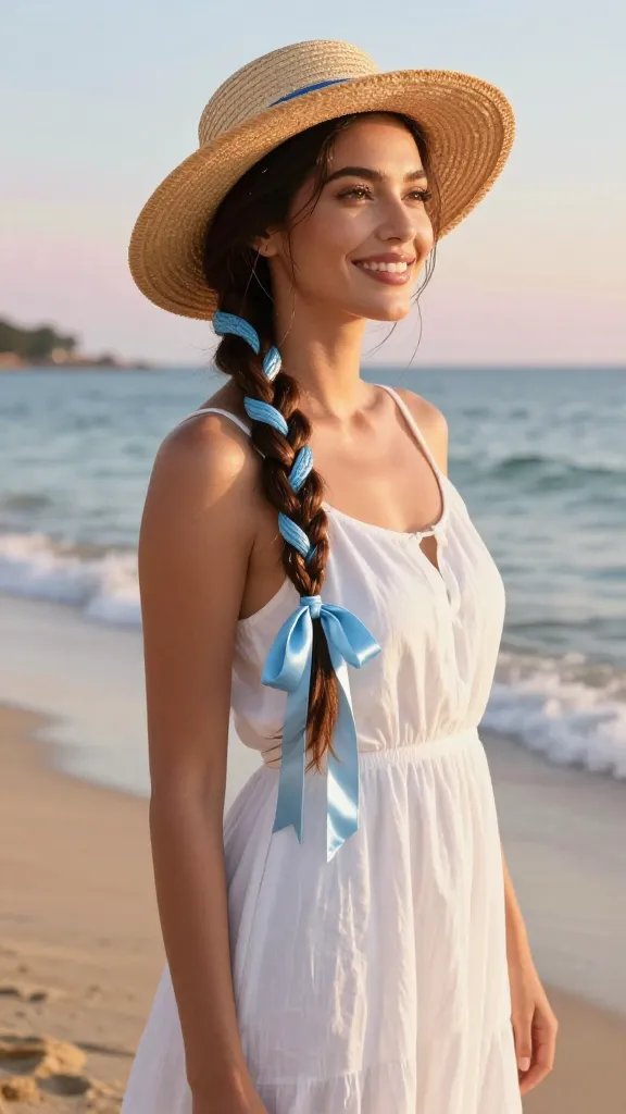 A high-resolution, sunlit beach portrait of a stylish woman with a radiant, confident smile, standing on soft golden sand at the edge of the water with gentle waves lapping at her feet during golden hour. She sports a chic, nautical-inspired hairstyle: a three-strand rope braid wrapped with a glossy light-blue ribbon woven through and tied at the end, with a small elastic securing the braid and a subtle, optional tiny seashell charm catching the sunlight. The hair has a subtle, natural sheen and slight humidity-enhanced texture. She wears a chic, beach-appropriate outfit—perhaps a white linen maxi dress or a straw-fed hat and breezy cover-up—complementing the coastal vibe. The scene captures light reflecting off the ribbon, creating dimension and a dreamy shimmer in the braid, with the horizon in soft focus, pastel sky hues, and a hint of distant sailboat or cruise silhouette to emphasize the nautical couture vibe. The image should feel cinematic, vibrant, and meticulously styled, with natural makeup, relaxed pose, and a summery, glamorous mood—no text on the image.